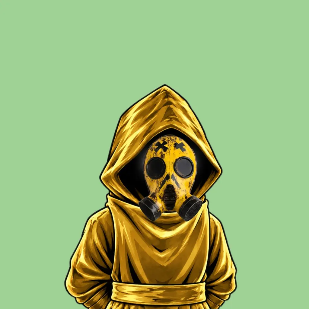 A figure in a gold hood wearing a worn yellow gas mask marked with black crosses.