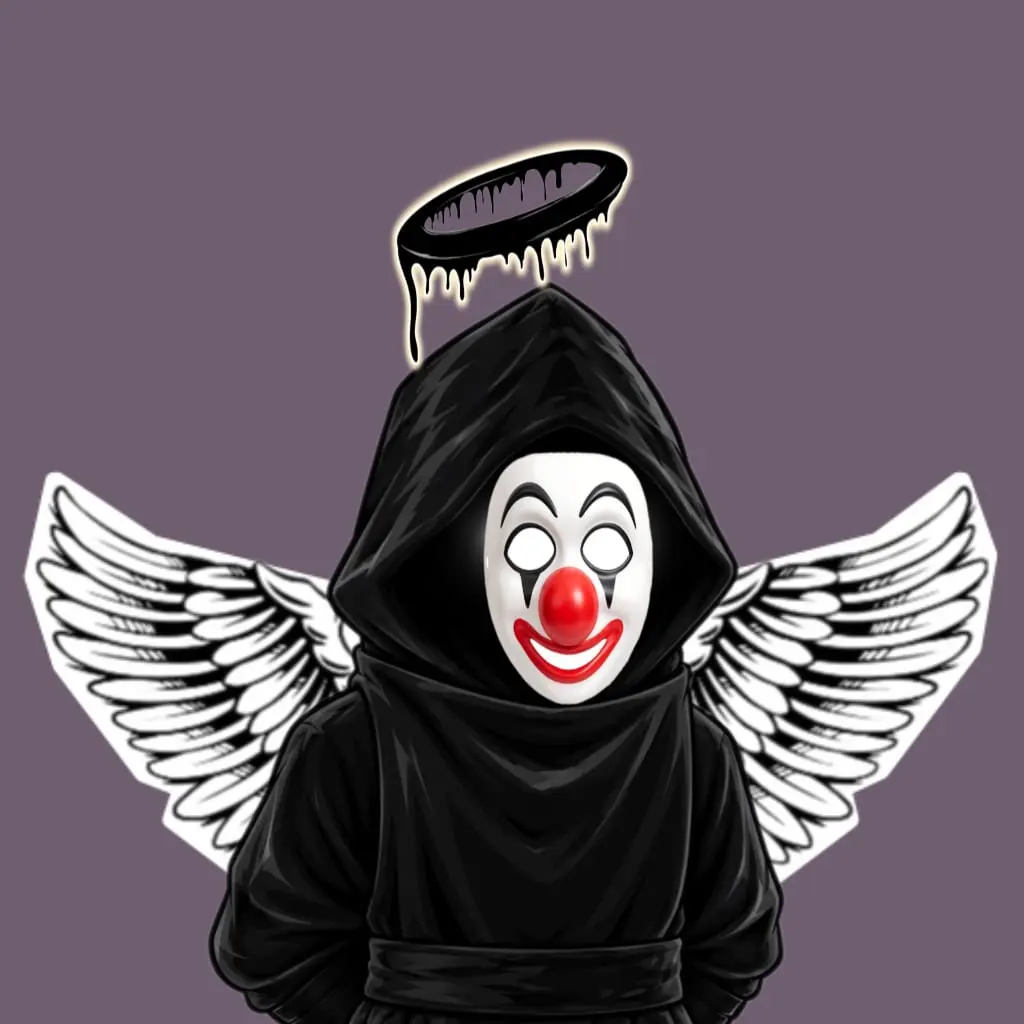 A figure in a black hood and a white clown mask, with feathered wings and a dripping black halo.